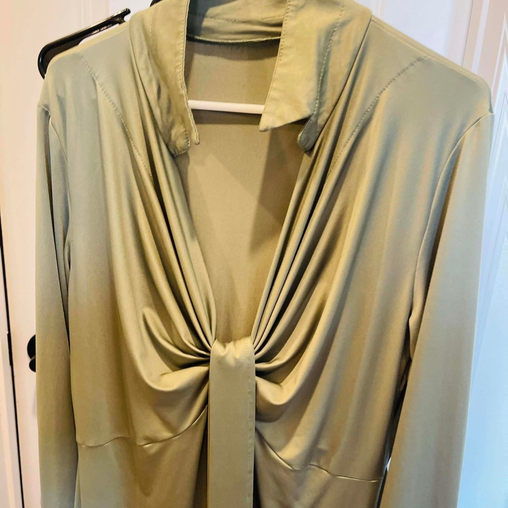 Chic Sage Green Tie-Front Blouse - Picture 2 of 3